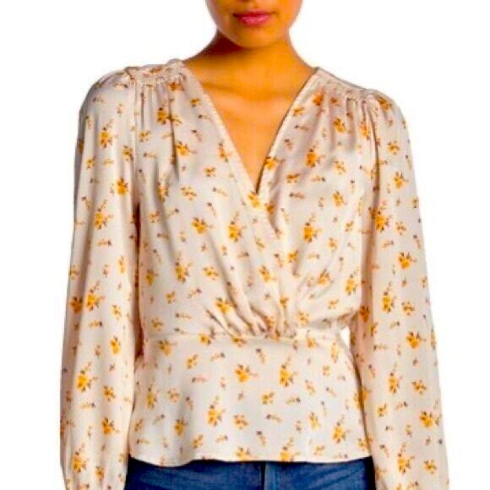 Lush Boluse Surplice Top Womens S Peplum Wrap Blouse Yellow Floral Satin